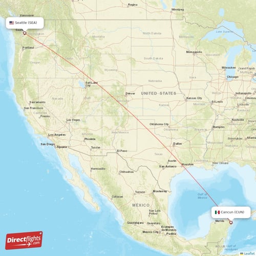 Seattle - Cancun direct flight map