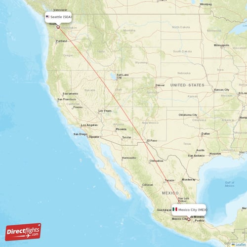 Seattle - Mexico City direct flight map