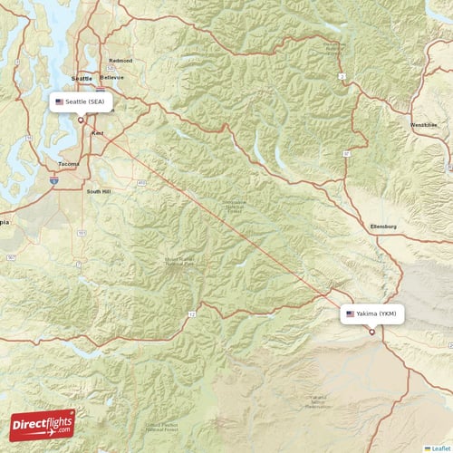 Seattle - Yakima direct flight map