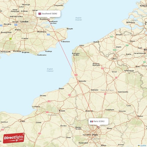 Southend - Paris direct flight map