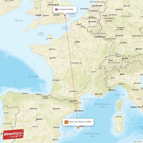 Southend - Palma de Mallorca direct flight map