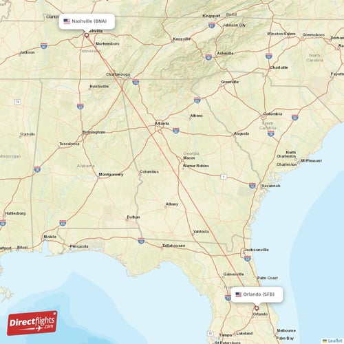 Orlando - Nashville direct flight map