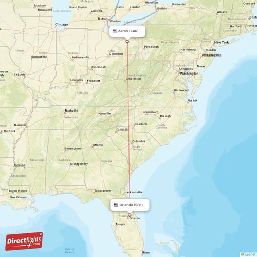 Orlando - Akron direct flight map