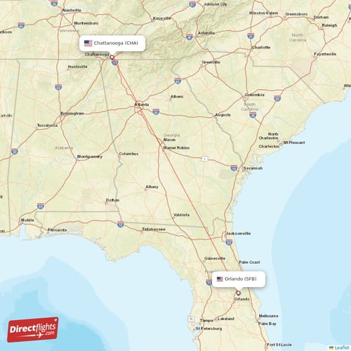 Orlando - Chattanooga direct flight map