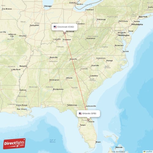 Orlando - Cincinnati direct flight map