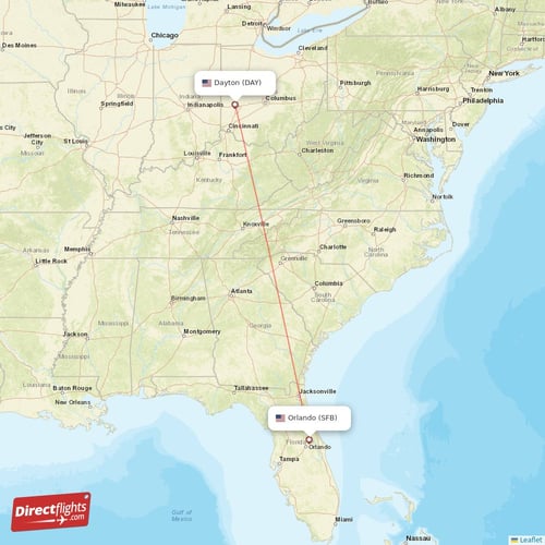 Orlando - Dayton direct flight map