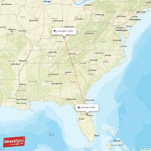 Orlando - Lexington direct flight map