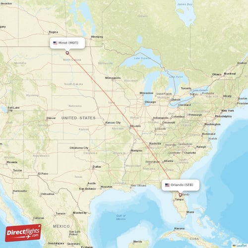 Orlando - Minot direct flight map