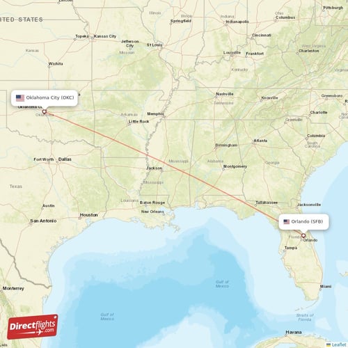 Orlando - Oklahoma City direct flight map