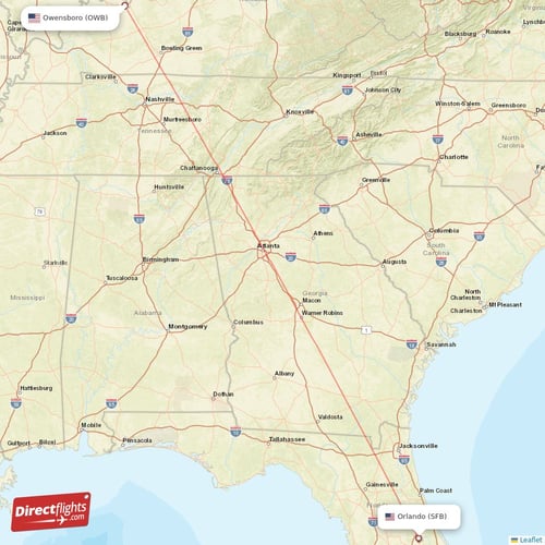 Orlando - Owensboro direct flight map