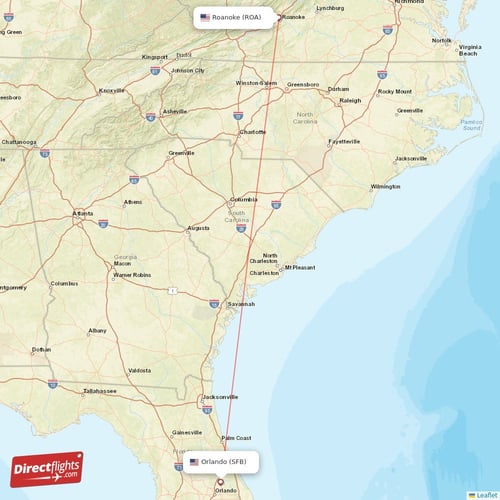 Orlando - Roanoke direct flight map