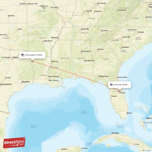 Orlando - Shreveport direct flight map