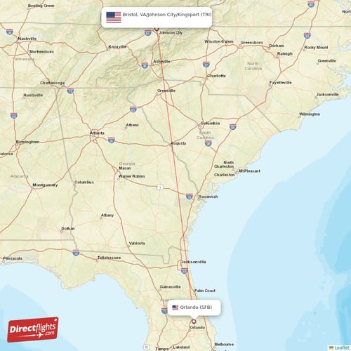 Orlando - Bristol, VA/Johnson City/Kingsport direct flight map