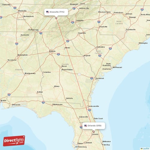 Orlando - Knoxville direct flight map