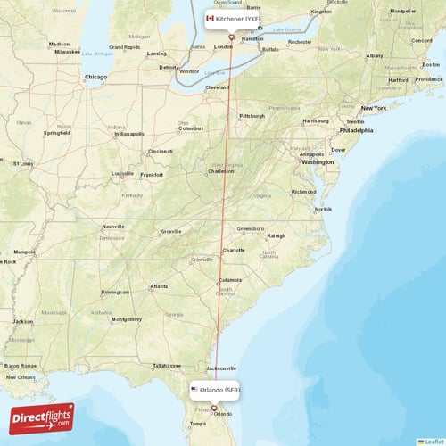 Orlando - Kitchener direct flight map