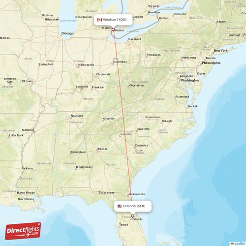 Orlando - Windsor direct flight map