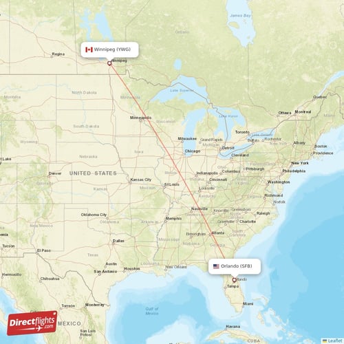 Orlando - Winnipeg direct flight map