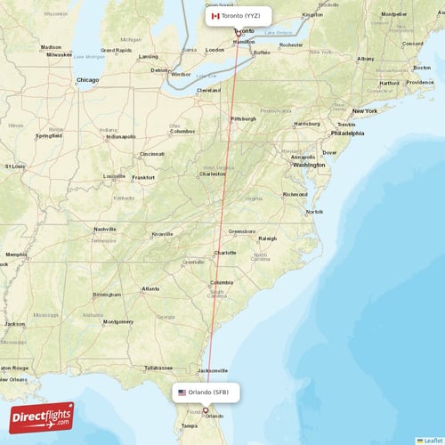 Orlando - Toronto direct flight map