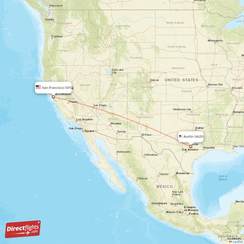 San Francisco - Austin direct flight map