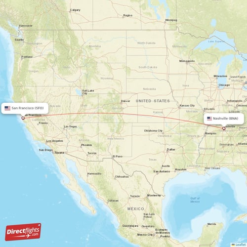 San Francisco - Nashville direct flight map