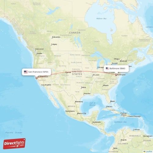 San Francisco - Baltimore direct flight map