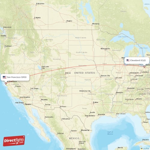 San Francisco - Cleveland direct flight map