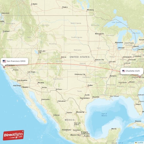 San Francisco - Charlotte direct flight map