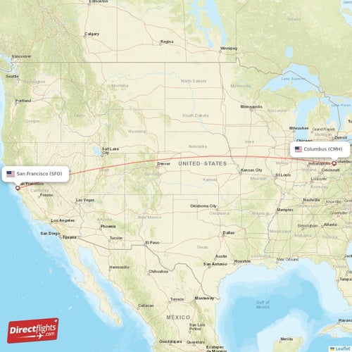 San Francisco - Columbus direct flight map