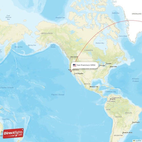 San Francisco - Copenhagen direct flight map