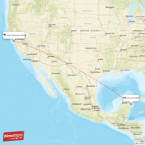 San Francisco - Cancun direct flight map