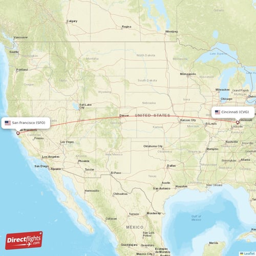 San Francisco - Cincinnati direct flight map