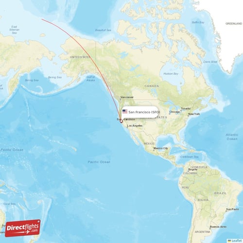 San Francisco - Delhi direct flight map