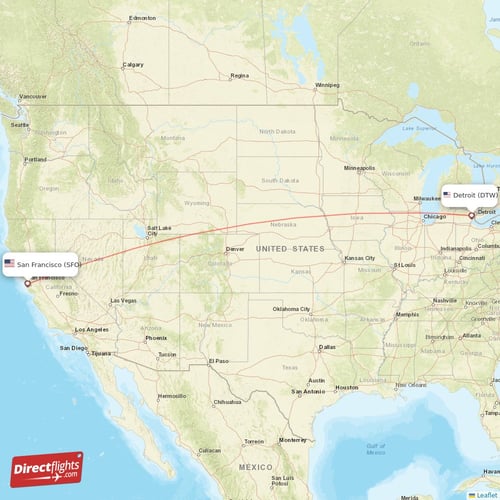 San Francisco - Detroit direct flight map
