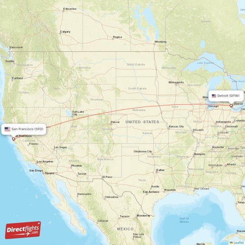 San Francisco - Detroit direct flight map