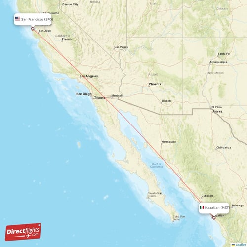 San Francisco - Mazatlan direct flight map