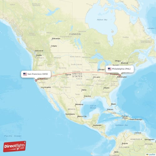 San Francisco - Philadelphia direct flight map