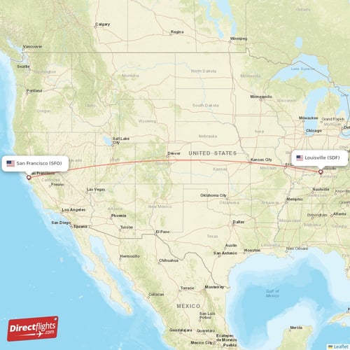 San Francisco - Louisville direct flight map
