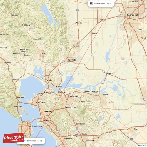 San Francisco - Sacramento direct flight map