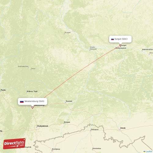 Surgut - Yekaterinburg direct flight map