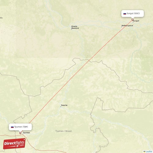 Surgut - Tyumen direct flight map