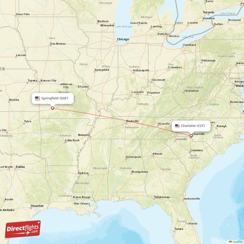 Springfield - Charlotte direct flight map