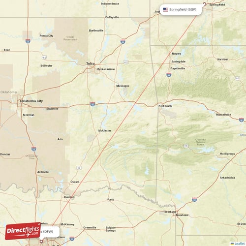 Springfield - Dallas direct flight map