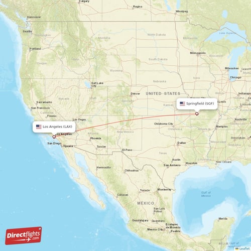 Springfield - Los Angeles direct flight map