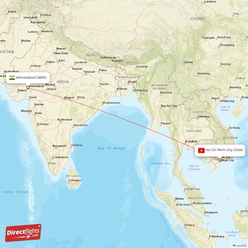 Ho Chi Minh City - Ahmedabad direct flight map