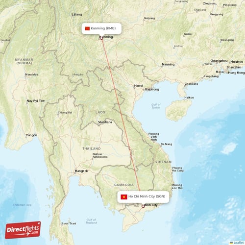 Ho Chi Minh City - Kunming direct flight map