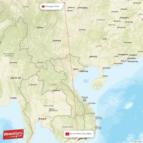 Ho Chi Minh City - Chengdu direct flight map