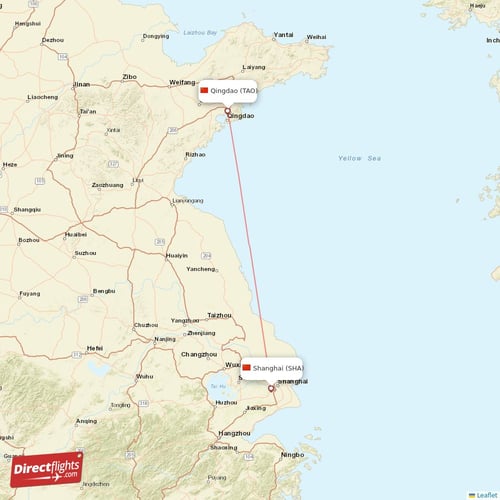 Shanghai - Qingdao direct flight map
