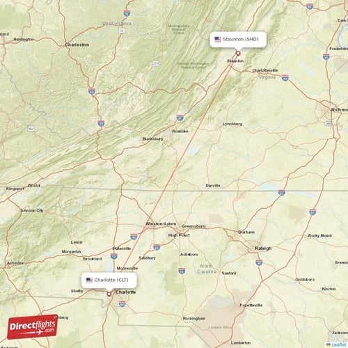 Staunton - Charlotte direct flight map