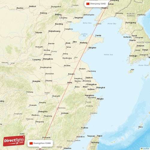 Shenyang - Guangzhou direct flight map