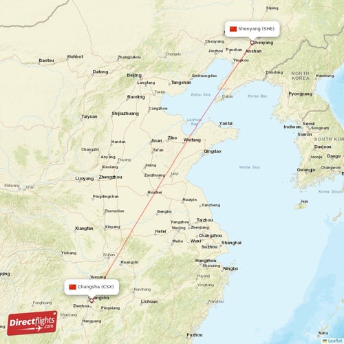 Shenyang - Changsha direct flight map